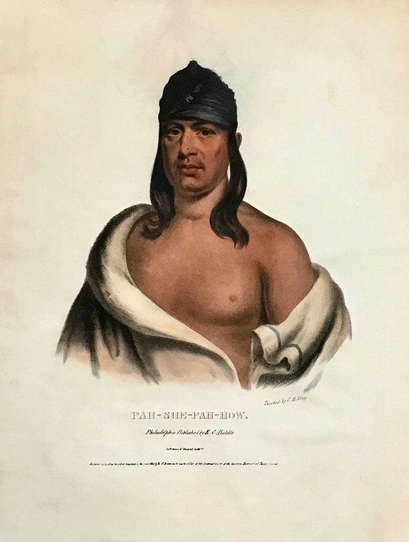  "Pah-She-Pah-How." Lithograph. Original hand coloring Painting by Charles Bird King (1785-1862) Published in: "History of the Indian Tribes of North America" Authors: Thomas Loraine McKenny (1785-1859) and James Hall (1793-1868)