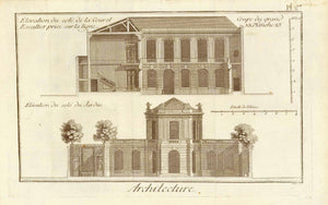 "Elevation du cote de la Court Coupe du grand Escallier prise sur la ligne" et "Elvation du cote du Jardin"  Copper engraving ca 1760. 