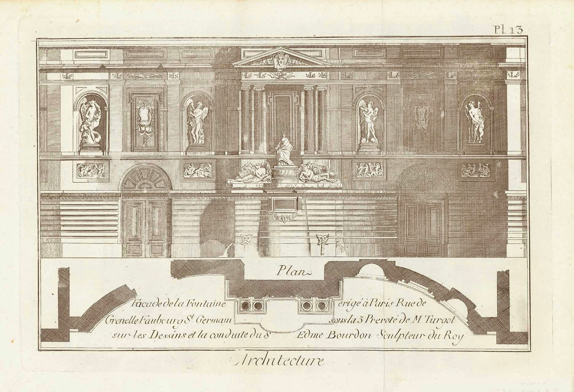 "Facade de la Fontaine erige a Paris Rue de Grenelle Faubourg St. Germain sous la 5 Prevote de M. Turgot sur les Dessins et la conduite su S. Edme Bourdon Sculpteur du Roy"  Copper engraving ca 1760.