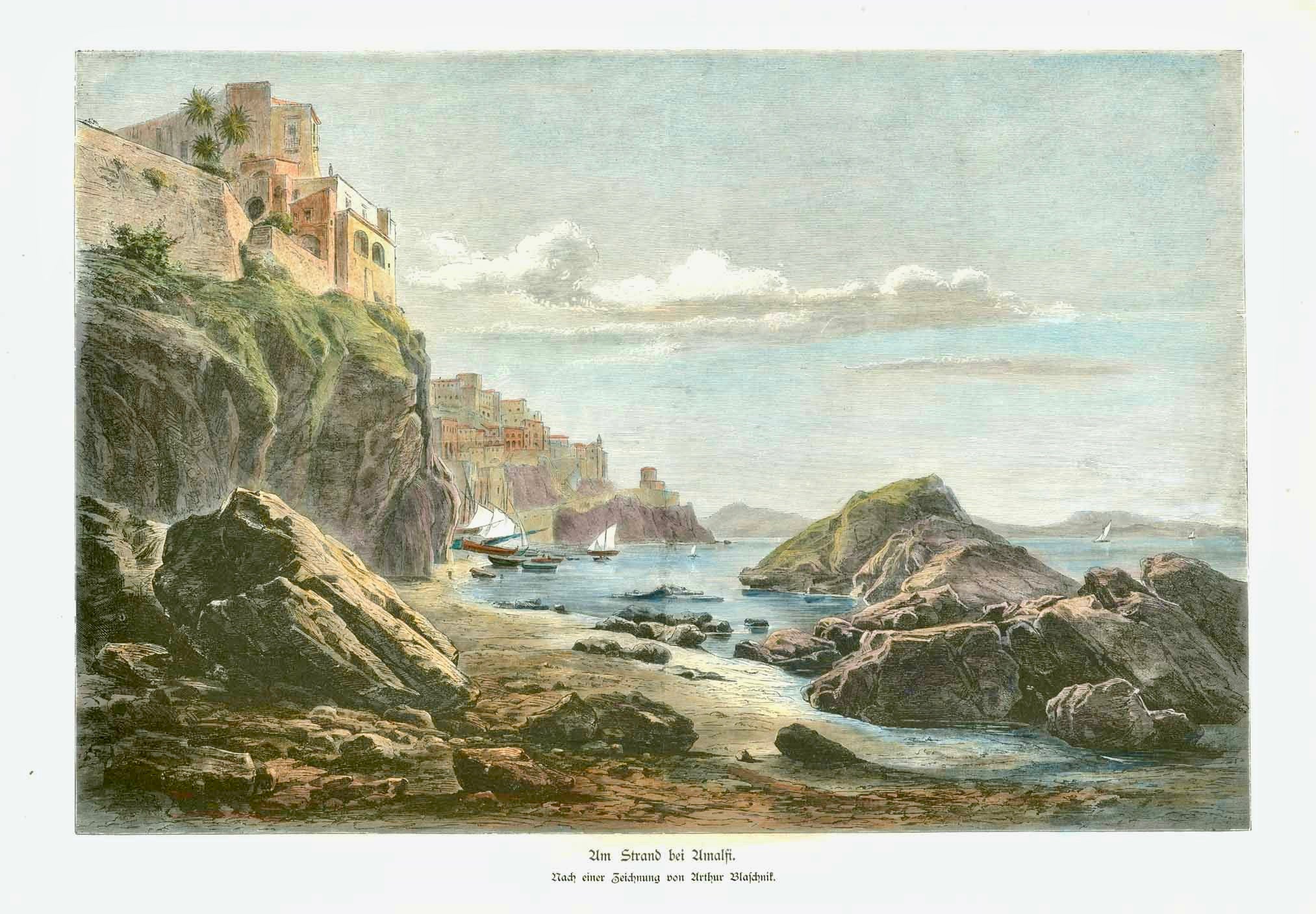 "Am Strand bei Amalfi"  View of the harbor of Amalfi. The town is on the hills above the Golf of Salerno.  Very pleasant view of this world-known Italian town.  Wood engraving made after a drawing by Arthur Blaschnik ( 1821- 1918 ).  Published in Berlin ca 1890.  23.3 x 35 cm ( 9.1 x 13.7 ")
