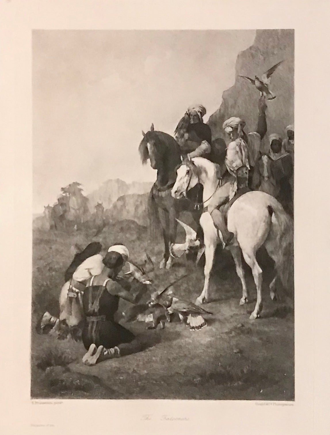 "The Falconers"  Photogravure (Helio gravure) after the painting by Eugene Fromentin (1820 1876).  Falcons have successfully hit a hare. Two Arabian hunters on Arabian horses with falcons on their fists are looking on as the hit hare is secured from two more falcons. Very attractive Arabian hunting scene.