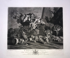 A Fruit Piece  Mezzotint by Richard Earlom (1743 - 1822) after the painting by Michelangelo di Campidoglio (1610 -1670) and the drawing by Joseph Farington (1741 - 1821).  Published by John Boydell. London, 1776