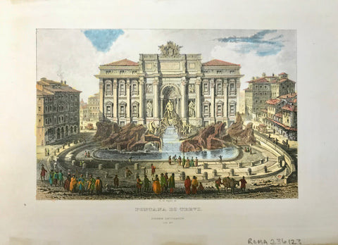 "Fontana Di Trevi"  Fine steel engraving by A.H. Payne ca 1850. Attractive hand coloring.  11.3 x 17.5 cm ( 4.4 x 6.8 ")   
