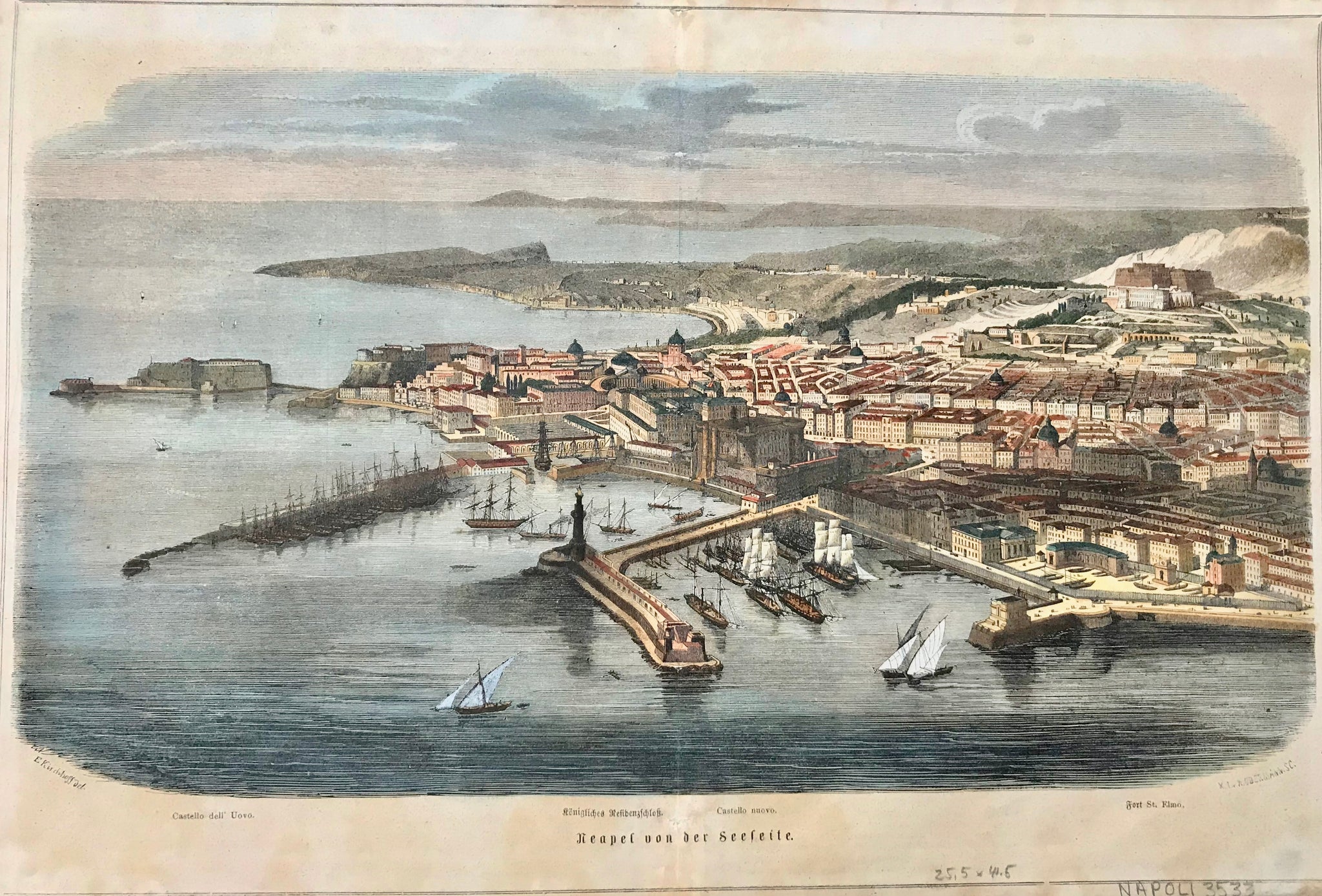 Neapel von der Seeseite (Naples from the sea)  Wood engraving Kobermann after Kirschhoff ca 1885. Recent hand coloring.  Vertical centerfold. with two tiny repaired holes. Minimal spotting.  25.5 x 41.5 cm ( 10 x 16.3 ")   