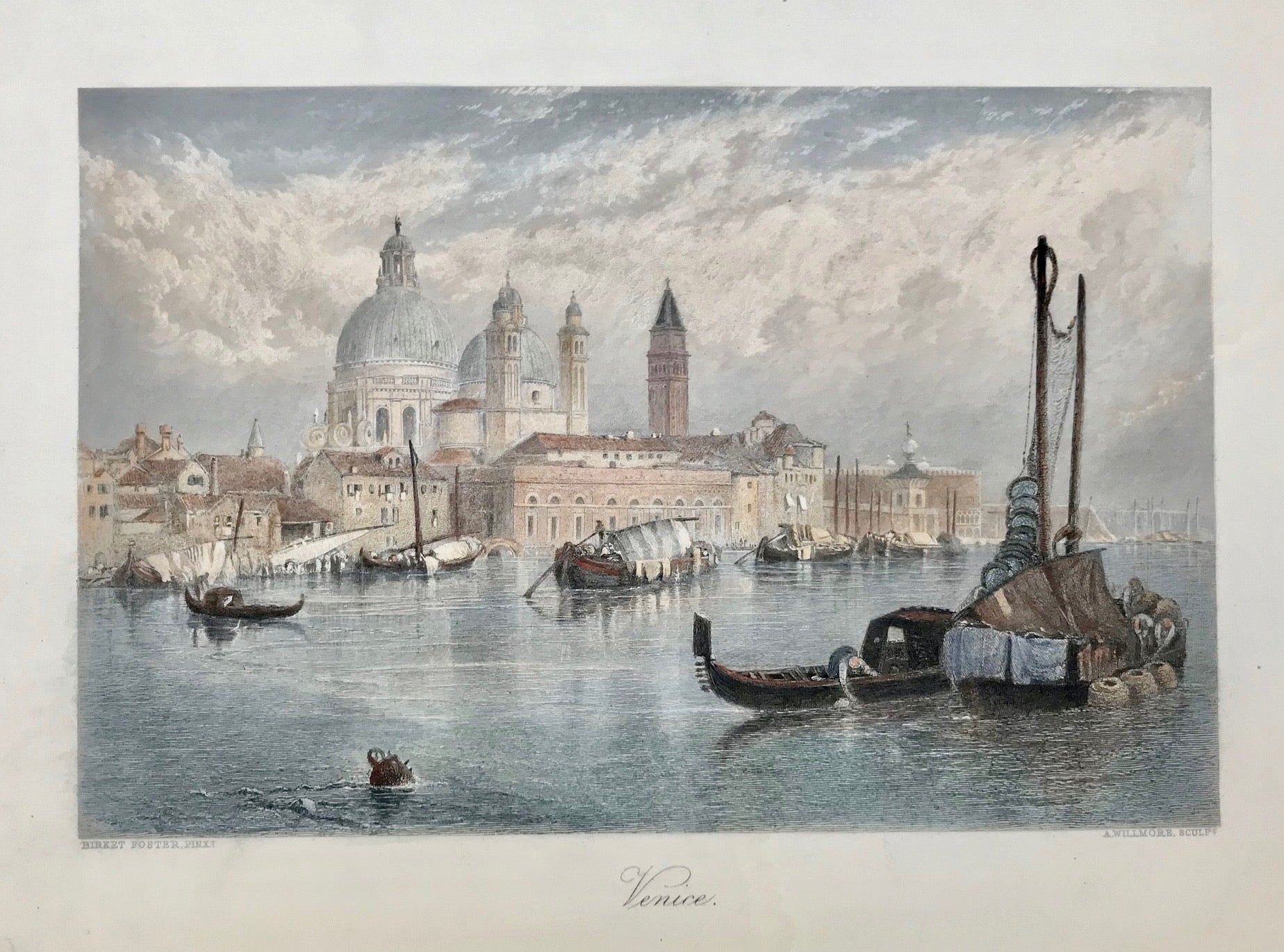 Venice  Steel engraving by A. Willmore after a painting by Birket Foster, ca 1850.  Very attractive hand coloring.