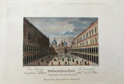 Der Hof des La Cour du Palais Ducal The Court-yard herzoglichen Pallastes. Corte Del Palazzo Ducale of the Ducal Palace  Copper etching by Aliprandi after Chilone, ca 1820. Published in Milan by Pietro e Giuseppe Vallardi. Attractive modern hand-coloring. Very wide margins.  Image size: 13.5 x 21 cm ( 5.3 x 8.3 ") Page size: 26.9 x 36.5 cm ( 10.5 x 14.3 ")   