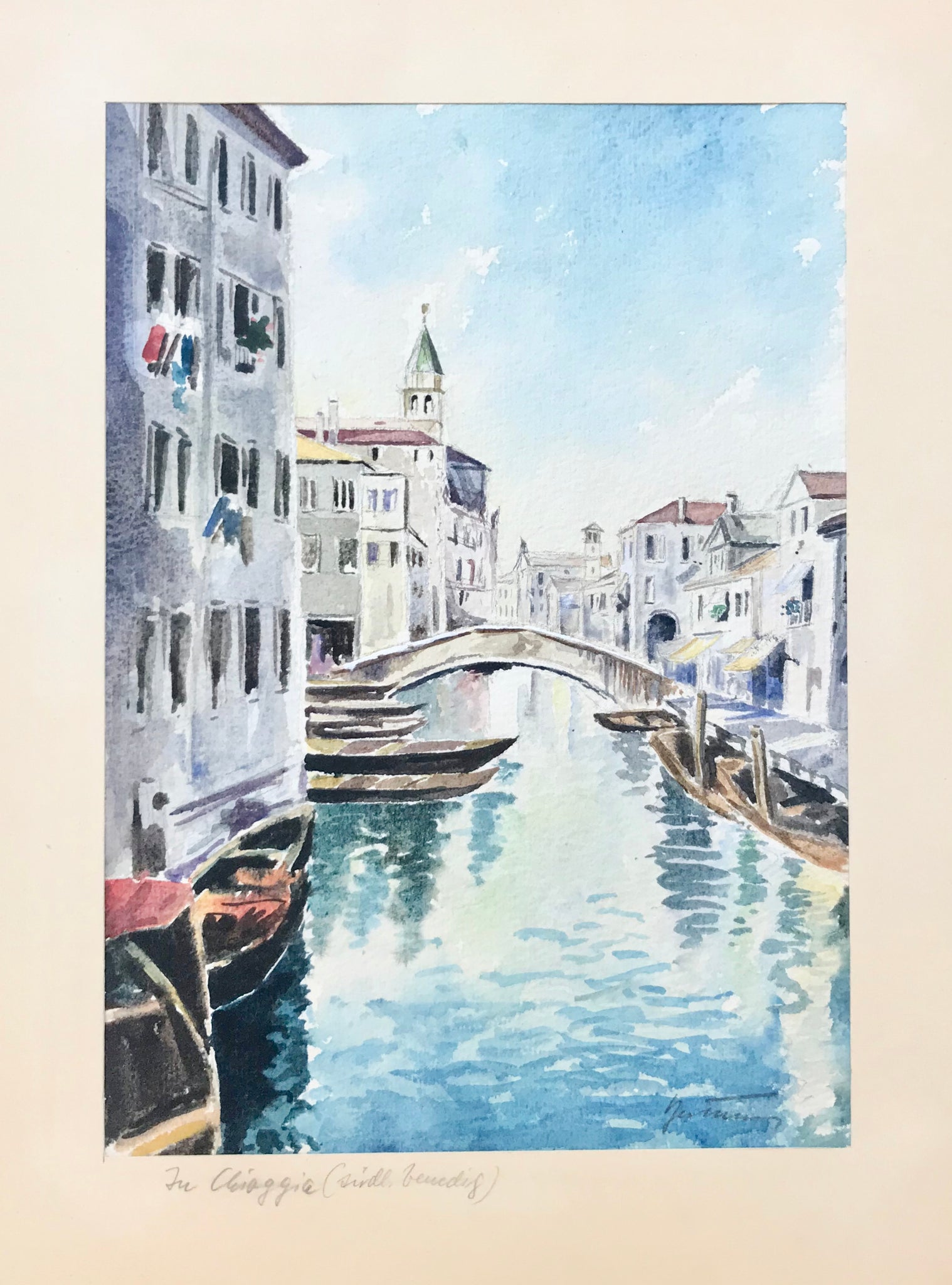 Title written in pencil on passpartout: "Chioggia (suedl. Venedig)"  Very pleasant original watercolor painting of a picturesque part of Chioggia.