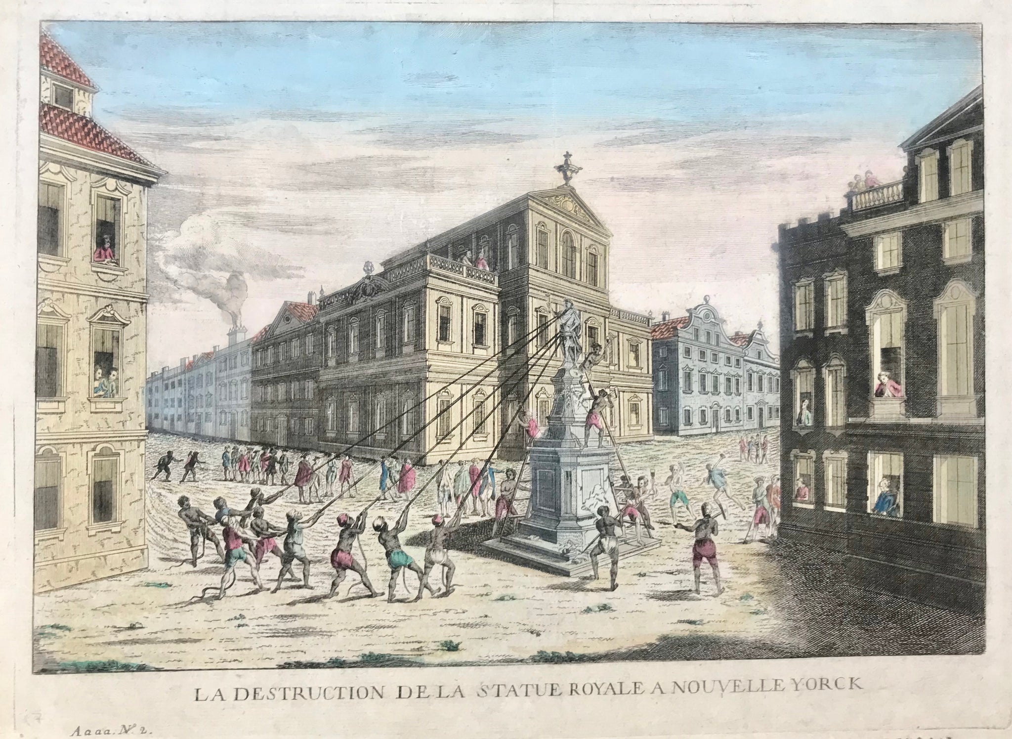 "La Destruction de la Statue Royale a Nouvelle Yorck"  Copper engraving with attractive hand coloring. Published ca 1776.  Slaves and free blacks help to remove the lead statue of George III which was later melted to create bullets.  Good condition. Hardly visible vertical centerfold that has been flattened. Printed on strong paper.  Image: 28 x 41 cm ( 11 x 16.1 ")   