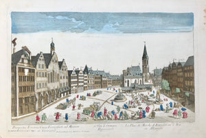 Frankfurt, Germany. "La Place du Marche de Francfort sur le Mein en Allemagne". Market day in Frankfurt.  Vue d'optique Nr. 55). Copper etching. Original hand coloring. Published by Daumont. Paris, ca. 1790.