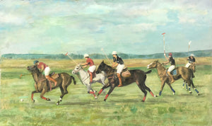 No title. Five Polo players.  Oil painting on woodboard. Unknown artist. Ca 1960-1980.  Not signed or dated.  Attractive painting in a slight impressionistic style that leaves a good impression when you look at it from a short distance.  Not framed.  40,7 x 66,3 cm ( 16. x 25.9 ")   