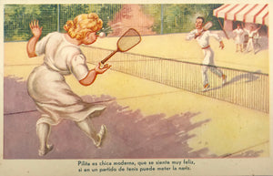 Pilita es chica moderna, que se siente muy feliz,  si en un partido de tenis puede meter la nariz.  Chromolithograph postacard ca 1900.  7.8 x 13.4 cm ( 3 x 5.2 ")   
