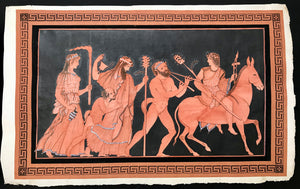 No title. Bacchantal entourage with Dionysos holding a torch riding through the night on his donkey followed by a grown and a juvenile Satyrs and servants carrying wine jugs and a torch.  Hand-colored, terra cotta and black, copper etching.  Published i: "Collection of Etruscan, Greek and Roman Antiquities From the Cabinet of the Honourable William Hamilton" (1730-1803)  Author: Francois Hugues d'Hancarville (1719-1805)  Printer: Francois Morel. Napoli, Naples, Neapel 1766/67