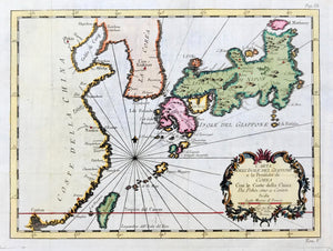 "Carta dell'Isole del Giappone e la Penisola di Corea con le Coste della China da Pekin sino a Canton". Copper etching by Bellin from the Italian edition of his atlas. Ca. 1750. Modern hand coloring.  The geographical area of this map is very clear with Japan, Korea and the coast of China from Peking in the north to Canton in the south. Formosa (Taiwan) is shown in green off the coast of China in the south. The red horizontal line near the bottom is the Tropic of Cancer.