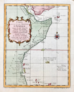 "Carte De La Coste Orientale D'Afrique........." Copper etching by Bellin, dated 1740. Modern hand coloring.  Map shows part of the northeastern coast of Africa from the Island of Dahlak in the Red Sea and extending south to the area of the Comoro islands.