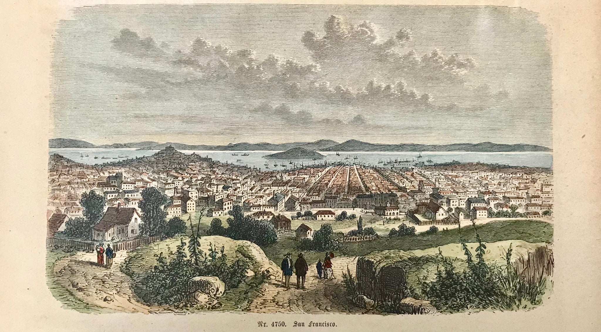 San Francisco.  Wood engraving ca 1880. Contemporary hand coloring. Reverse side is printed.  10.7 x 17.5 cm (4.2 x 6.9'')   