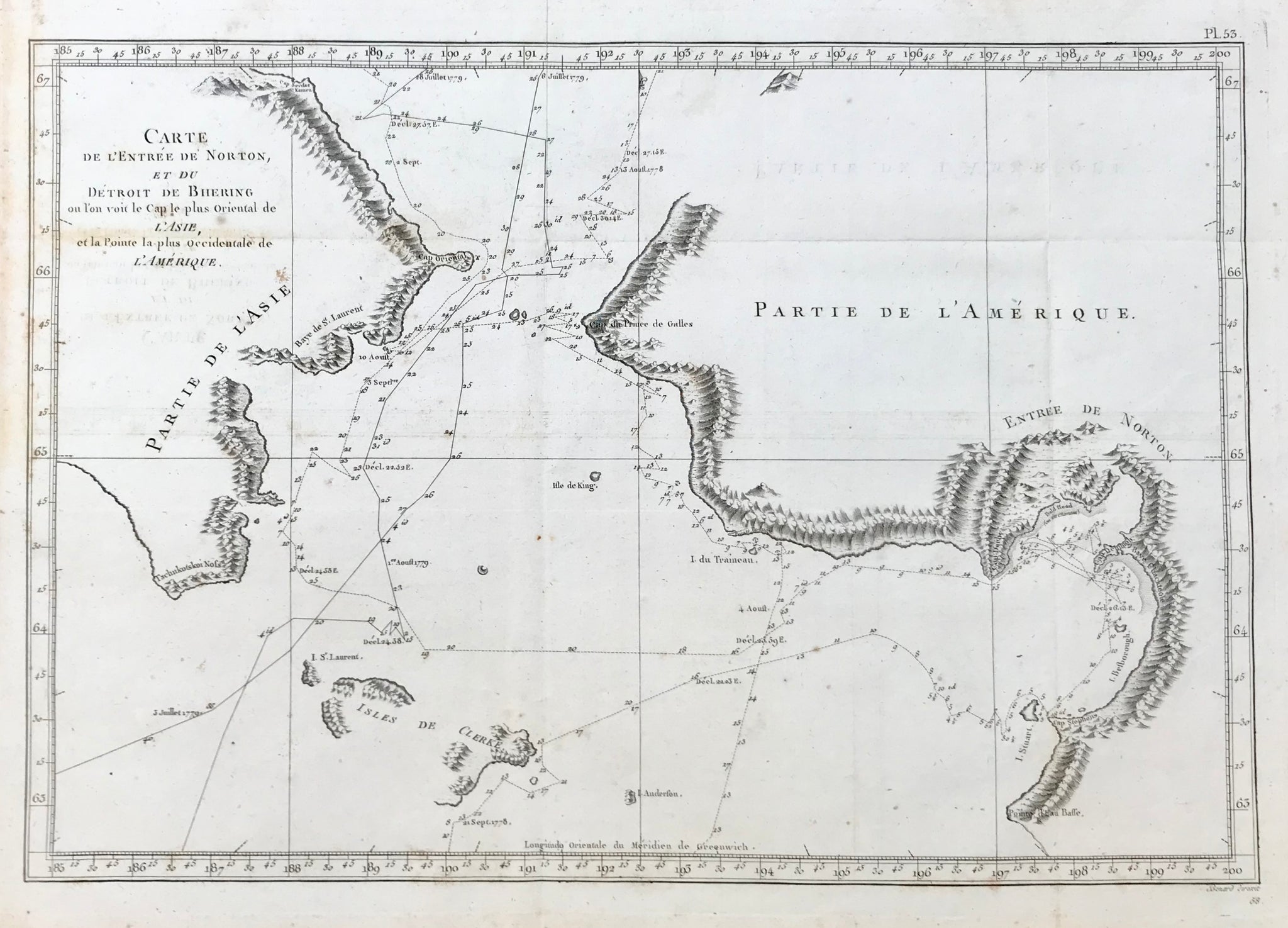 "Carte de L Entree de Norton, et du Detroit de Bhering on l on von le Cap le plus Oriental de L Asie et le Pointe la plus Occidentale de L Amerique". Copper engraving by Benard for Rigobert Bonne 1788.  Map shows the Bering Strait from the coast south to Norton Sound to the Coast north of Cap du Prince du Galles. The lines show the voyages of Captain Cook in 1778 and 1779.  Map has original folds to fit book size. A few minor spots.  26.5 x 38.5 cm ( 10.4 x 15.1 ")   