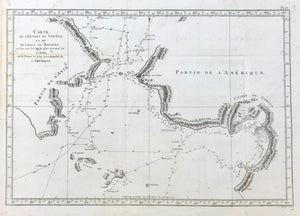 "Carte de L Entree de Norton, et du Detroit de Bhering on l on von le Cap le plus Oriental de L Asie et le Pointe la plus Occidentale de L Amerique". Copper engraving by Benard for Rigobert Bonne 1788.  Map shows the Bering Strait from the coast south to Norton Sound to the Coast north of Cap du Prince du Galles. The lines show the voyages of Captain Cook in 1778 and 1779.  Map has original folds to fit book size. A few minor spots.  26.5 x 38.5 cm ( 10.4 x 15.1 ")   