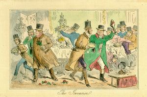 "The Invasion" Die Schlacht am kalten Büffet The battle at the cold buffet  Wood engraving in original hand coloring. Artist: Hablot K. Browne (Pseudonym: "PHIZ") Published in "Mr. Facey Romford's Hounds" London, ca. 1860/70