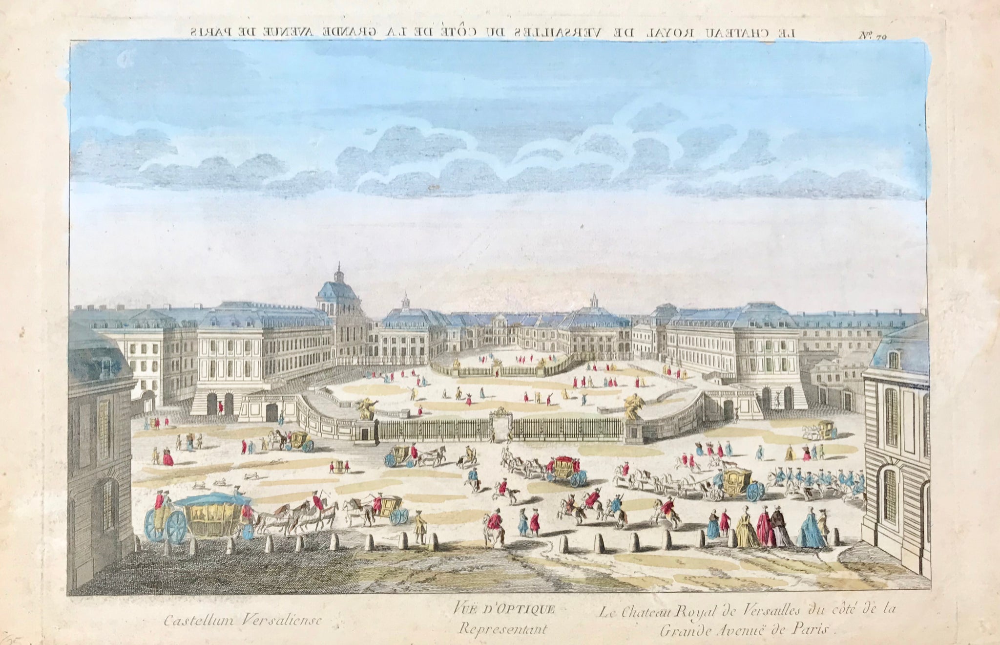 Paris-Versailles. "Le Chateau Roayal de Versailles cu cote de la Grande Avenue de Paris".  Vue d'optique. Copper etching. Original hand coloring. Published by Daumont. Paris, ca. 1790.  3 age toning. The coloring a bit careless. Spotty in margins. Inverted title above. Title: Latin and English