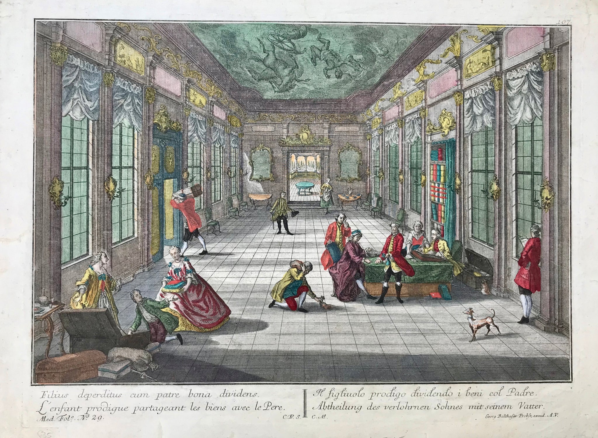 From the episode of 6 engravings "The prodigal son". "Il figliolo prodigo dividendo i beni col Padre". The son receives his patrimony.  Vue d'optique. Copper etching. Very good original hand coloring. Published by Georg Balthasar Probst. Augsburg, ca. 1770.  General age toning. Margins a bit spotty and roundabout reenforced to repair insignificant tears. Title: Latin, Italian, French, German.