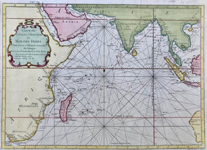 "Carte De L'Ocean Oriental ou Mer des Indes". Copper etching by Bellin, 1746. Modern hand coloring.  Map shows the Indian Ocean and surrounding countries. Notice the shape of eastern Africa with the Cape of Good Hope in the lower left corner. In the lower right corner is part of New Holland (Australia) and in the upper right corner is part of China with Canton. Notice the many small islands shown as well as the sea directions for early sailors.