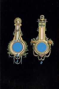 No title. Baroque mirror medallions  Published in "Ameublement". Paris, 1771  Jean Charles de la Fosse (1734-1789)  Paris, 1769  Original antique print   The two wall mirrors are surrounded by velvety black gouache color