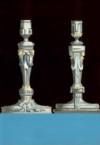 No title. Two silver candlesticks with baroque decor  Copper etching by Jean Francois Forty  Published in "Oeuvres de sculptures en bronce etc."  Paris, ca. 1770  The candlesticks are surrounded by velvety black gouache color. They stand on a base in blue gouache color applied by hand  Print has been trimmed all around to show only the essential, namely the two candlesticks.  Original antique print 