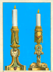 No title. Two gold candlesticks with baroque decor  Copper etching by Jean Francois Forty  Published in "Oeuvres de sculptures en bronce etc."  Paris, ca. 1770  Original antique print   The candlesticks are surrounded by bright blue gouache color.