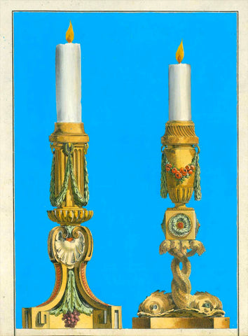 No title. Two gold candlesticks with baroque decor  Copper etching by Jean Francois Forty  Published in "Oeuvres de sculptures en bronce etc."  Paris, ca. 1770  Original antique print   The candlesticks are surrounded by bright blue gouache color.