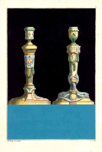  Candlesticks Interior Decoration  No title. Two candlesticks with baroque adornments  Copper etching by Jean Francois Forty  Published in "Oeuvres de sculptures en bronce etc."  Paris, ca. 1770  Original antique print   The choices stand on a base block of blue gouache color and are surrounded by velvety black gouache color.
