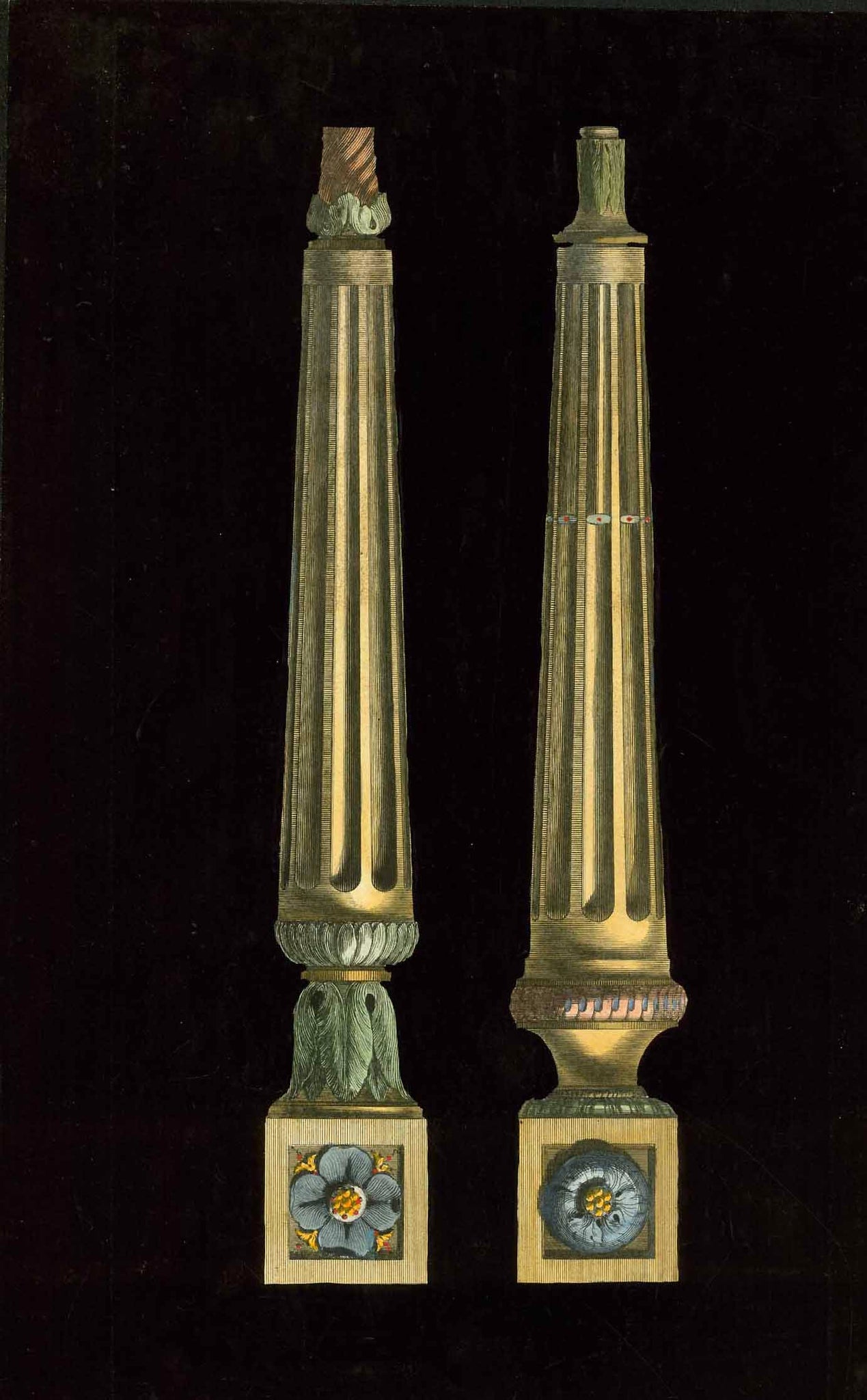 No title. Ornamented baroque table legs.  Hand-colored copper etching by Jacques Francois Cherau (1742-1794)  Published in "Ameublement". Paris, 1771  Jean Charles de la Fosse (1734-1789)  Paris, 1769  Original antique print , Barock, Design, Tischbeine