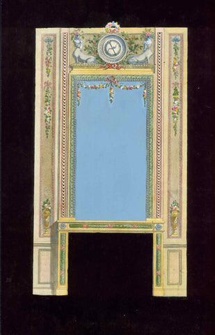 No title. Rococo / baroque  fireplace with  a Spynx left and right of the suggestion of a barometer  Hand-colored copper etching. Published as sample (catalog) for interior decorators.  Published in "Ameublement" by Jean Charles de la Fosse (1734-1789)  Paris, 1771  Original antique print   Very charming sample for construction and  decoration of a baroque fireplace topped by a mirror.  The image is surrounded by velvety gouache black color letting the object of interest stand out formidably.