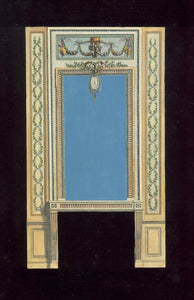 No title. Rococo / baroque  fireplace with a flower garland. and hanging candelabra.  Hand-colored copper etching. Published as sample (catalog) for interior decorators.  Published in "Ameublement" by Jean Charles de la Fosse (1734-1789)  Paris, 1771  Very charming sample for construction and  decoration of a baroque fireplace topped by a mirror.  The image is surrounded by velvety gouache black color letting the object of interest stand out formidably.  Original antique print 