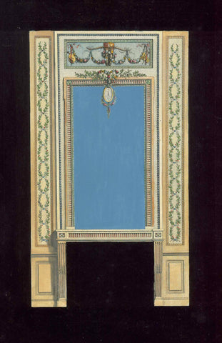 No title. Rococo / baroque  fireplace with a flower garland. and hanging candelabra.  Hand-colored copper etching. Published as sample (catalog) for interior decorators.  Published in "Ameublement" by Jean Charles de la Fosse (1734-1789)  Paris, 1771  Very charming sample for construction and  decoration of a baroque fireplace topped by a mirror.  The image is surrounded by velvety gouache black color letting the object of interest stand out formidably.  Original antique print 