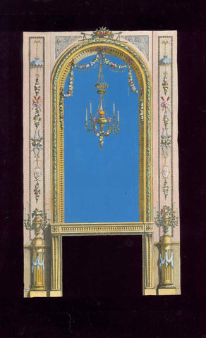 No title. Rococo / baroque  fireplace with a flower garland. and hanging candelabra.  Hand-colored copper etching. Published as sample (catalog) for interior decorators.  Published in "Ameublement" by Jean Charles de la Fosse (1734-1789)  Paris, 1771  Very charming sample for construction and  decoration of a baroque fireplace topped by a mirror.  The image is surrounded by velvety gouache black color letting the object of interest stand out formidably.  Original antique print 