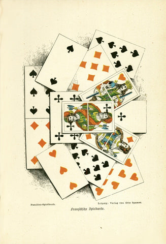 "Französische Spielkarte" (French game cards)  Wood engraving printed in color.  Published in Leipzig, 1882