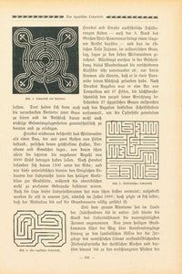 "Die interessantesten Labyrinthe"  3 separate pages with text and 10 diagrams of labyrinths. Historical information about the origin of labyrinths Interesting for garden archtects. Most diagrams name the  location of the labyrinths. Published ca 1900.  Original antique print 