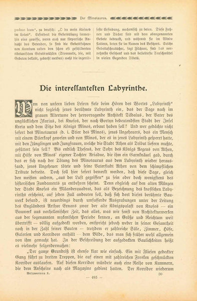 "Die interessantesten Labyrinthe"  3 separate pages with text and 10 diagrams of labyrinths. Historical information about the origin of labyrinths Interesting for garden archtects. Most diagrams name the  location of the labyrinths. Published ca 1900.  Original antique print 