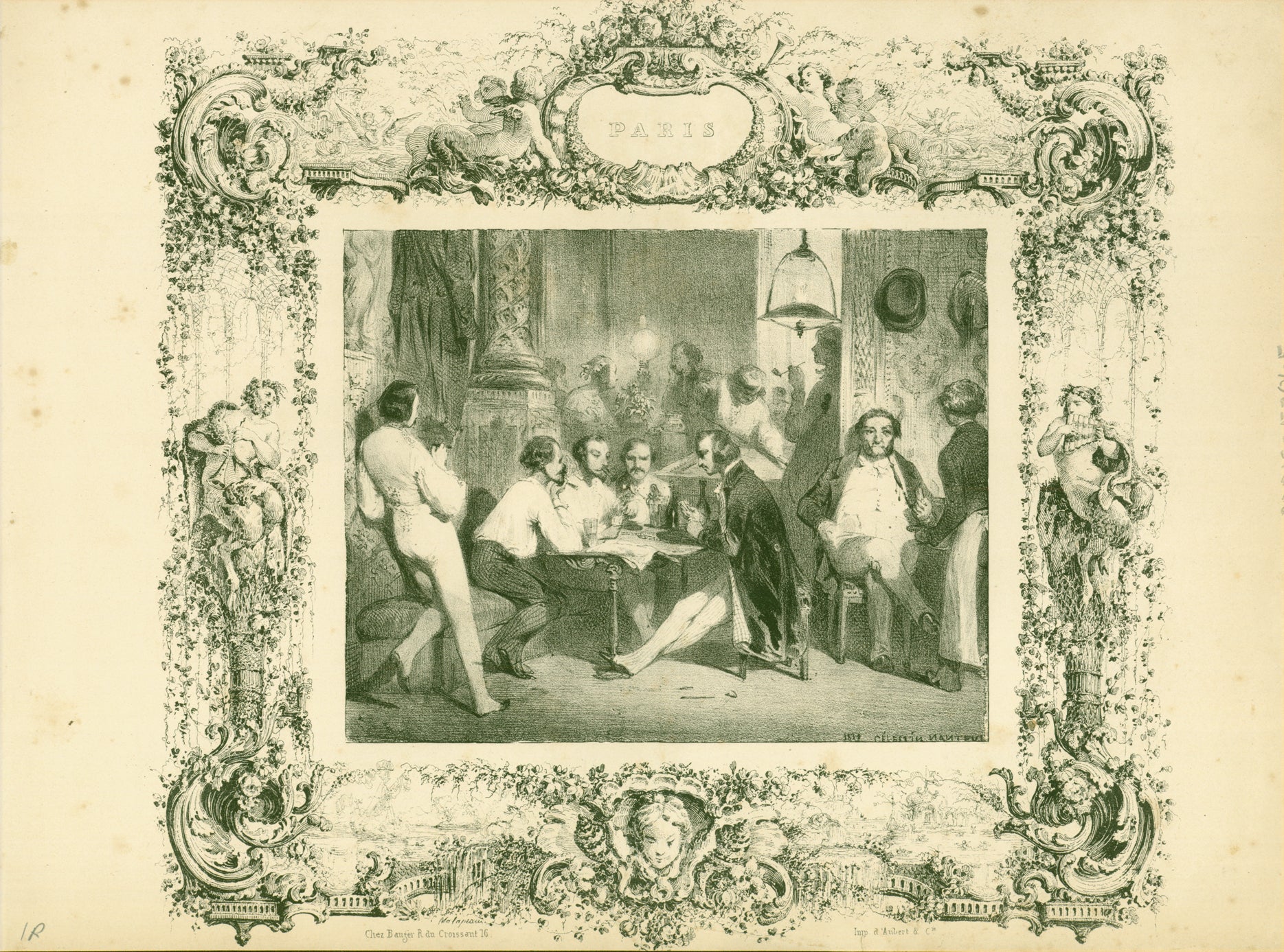 "Paris"  Paris Bistro, filled to the brim with people. Men playing cards. Billiards in back  Lithograph by Celestin Nanteuil (1813-1873)  Dated by the artist in the stone: 1839  Masterfully executed lithograph with one of the artist's typical playfully frisky bordures with winged putti and music-playing fauns.