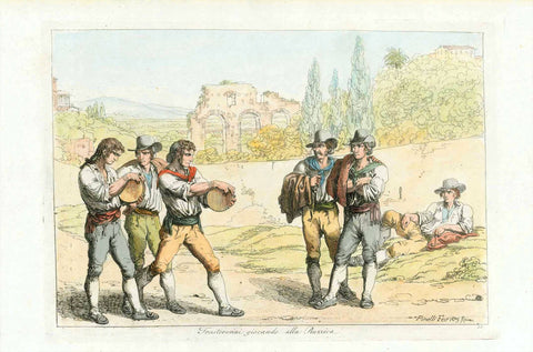 "Trasteverini giocando all Ruzzica"  Hand colored copper etching by Bartolomeo Pinelli (1781-1835).  Published in "Raccolta di motivi pittoreschi". Rome, 1809  The name of this game is actually "Ruzzola" or "Ruzzolone".  Discs made of wood are rolled similar to road bowling.
