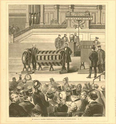 "Die Ziehung der franzoesischen Austellungs-Lotterie in dem Festsaale des Trocadero Palasts"  Wood engraving published 1879.  Original antique print 