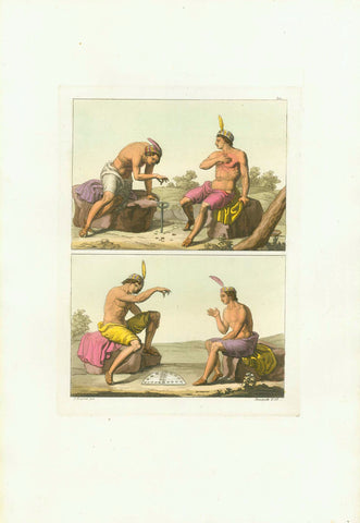  Traditional games of the indiginous peoples of Chile.  Very fine aquatint print by C. Bramati and Paolo Fumigalli. Published 1821  Original antique print   Exquisite original hand coloring. From "Il Costume Antico e Moderno" by Giulio Ferrario.