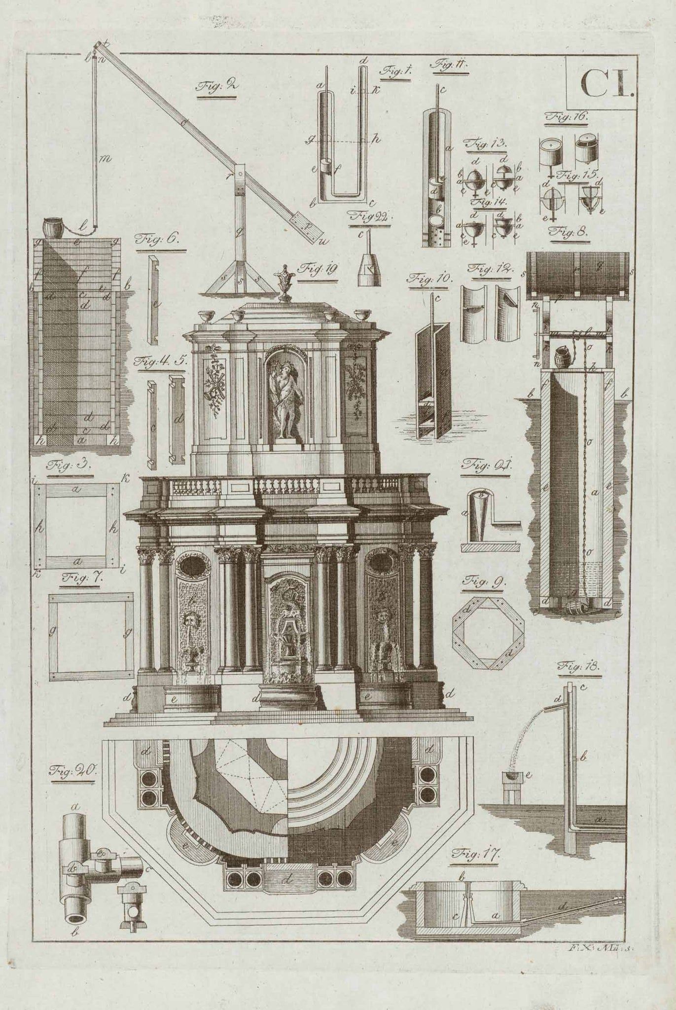 No title. Gaining, supplying and transporting water for gardens and fountains.  Page numbers: CI and CII.  2 copperplate  etchings (PAIR) by Franz Xaver Mueller (1756-1837)  Very good condition. Hardly andy trace of age and / or use.  Sheet size (same for both prints): 40,5 x 26,5 cm (ca. 15.9 x 10.4")  Probably from a Garden Book. Vienna, ca. 1800