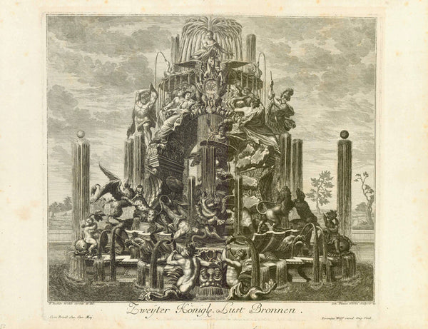 "Zweyter Koenigl. Lust Bronnen"  Copper etching by Daniel Hertz (1698-1767)  After the drawing by Paul Decker (1677-1713)  Publisher Jeremias Wolff  Augsburg, 1711  Decker's architectural drawings are among the finest of proposals for royal architecture. He planned a major work: "Fürstlicher Baumeister / Oder Architectura Civilis, Wie Grosser Fürsten und Herren Paläste / mit ihren Höfen / Grotten / Orangerien/ 