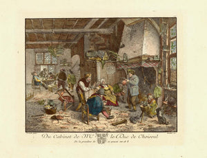 Antique print, antiker Stich, A Dutch Inn  A Dutch Inn, Restaurant, Gastronomy, Adriane von Ostade, Wirtshaus, Choisel   Hand-colored copper etching by Balthasar Anton Dunker (1746-1807). After the painting by Adriane van Ostade (1610-1685). Published in the collection of paintings by Duke of Choisel, Paris, 2nd edition ca 1820.