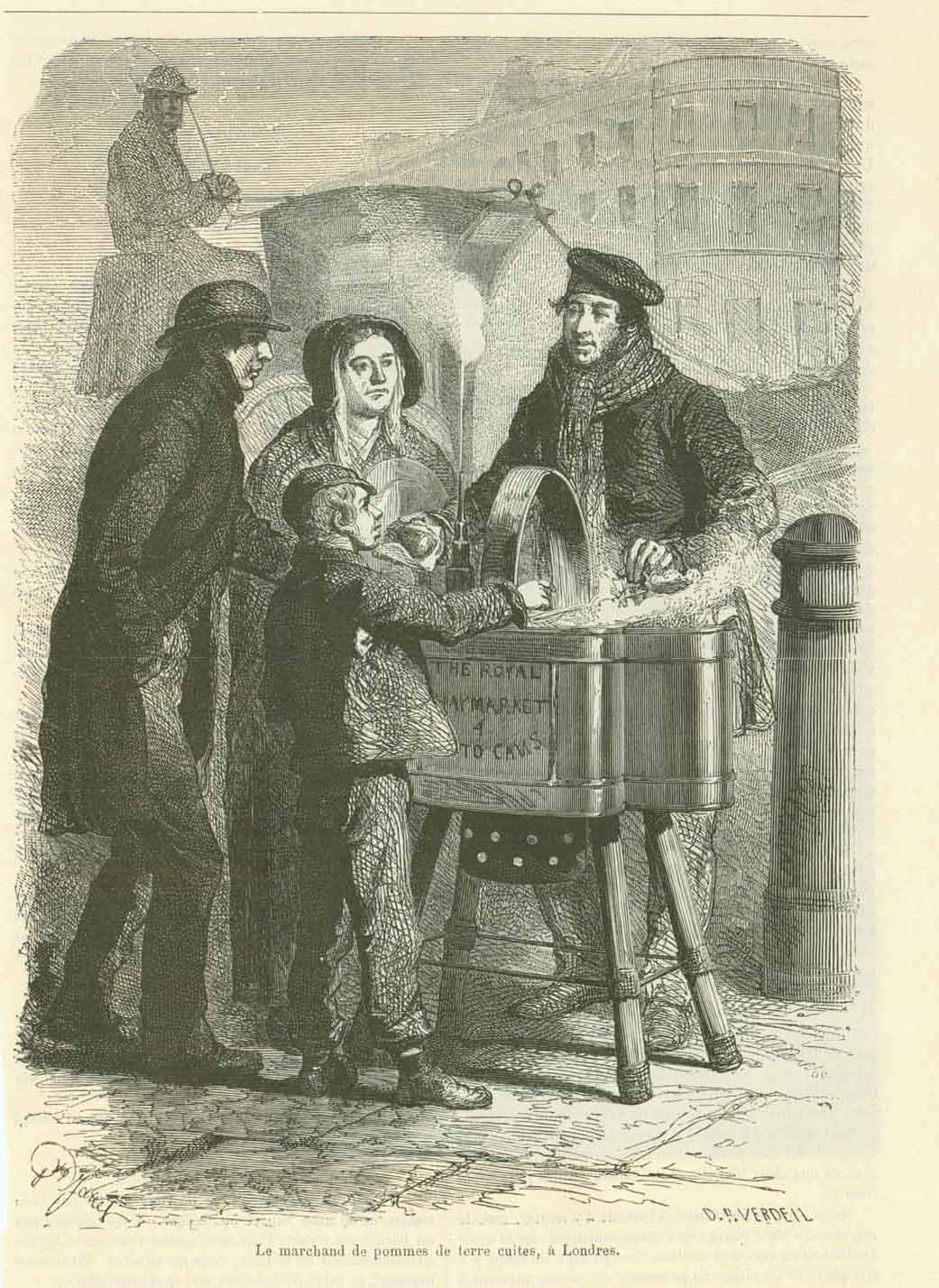 "Le marchand de pommes de terre cuites"  Wood engraving showing a vendor selling cooked potatoes. Most likely in England since the writing on the stand is  English and using the word "royal". Published 1878. Below the image is an article that continues on the reverse side about the eating of potatoes in France and England.