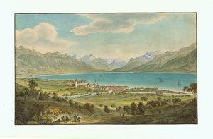 Antique Print of Lake Geneva. Genfer See. Lac de Geneve Nestle No title printed. Vevey, General View. View from the north, more precisely from Saint-Legier-LaChiesaz, or from the slopes of Bondenoces, over the city of Vevey and across Lake Geneva (Lac Leman - Genfer See) and the snow-covered Alpine mountain range belonging to France