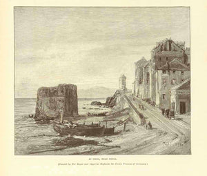 "At Pegli, Near Genoa"  Wood engraving after a painting by Her Royal and Imperial Highness the Crown  Princess of Germany. Published 1895. On the reverse side is unrelated text.