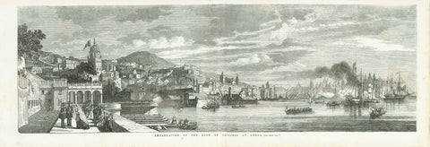Genova (Genoa), Genova - "Embarcation of the King of Sardinia at Genoa"  Large general view of Genoa (Genova) from its harbor as Victor Emmanuel, King of Sardinia, embarked his ship after visiting Genova.  Supported centerfold. Very good condition.  Published in London, 1860  Original antique print  