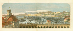 "The Harbour of Genoa, Sketched from the Hotel Feder"  Genova, Genua, Genoa  Wood engraving published 1858. Attractive hand coloring.  Original antique print   On the reverse side is an article about Genoa.